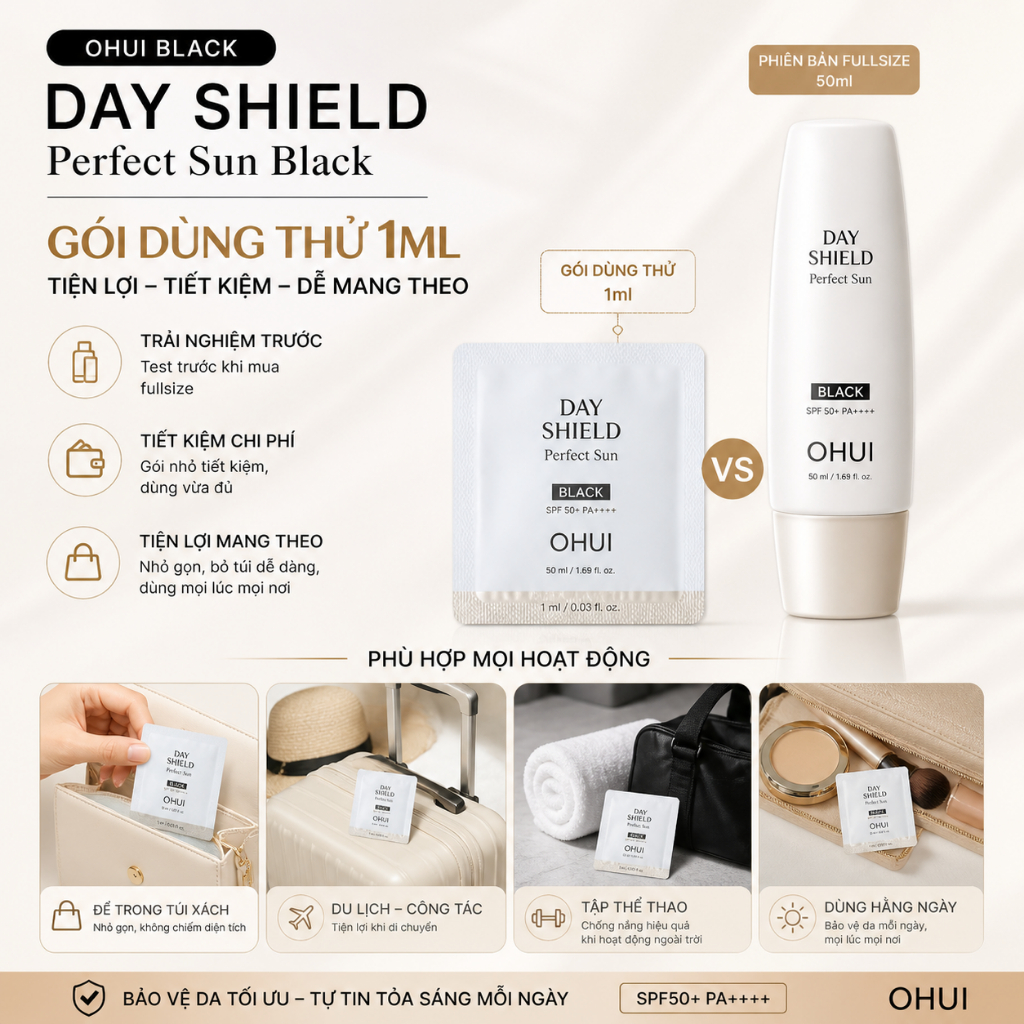 Combo Kem Chống Nắng Ohui Black Day Shield Perfect Sun Black 1ml - Combo 20Gói, 30Gói