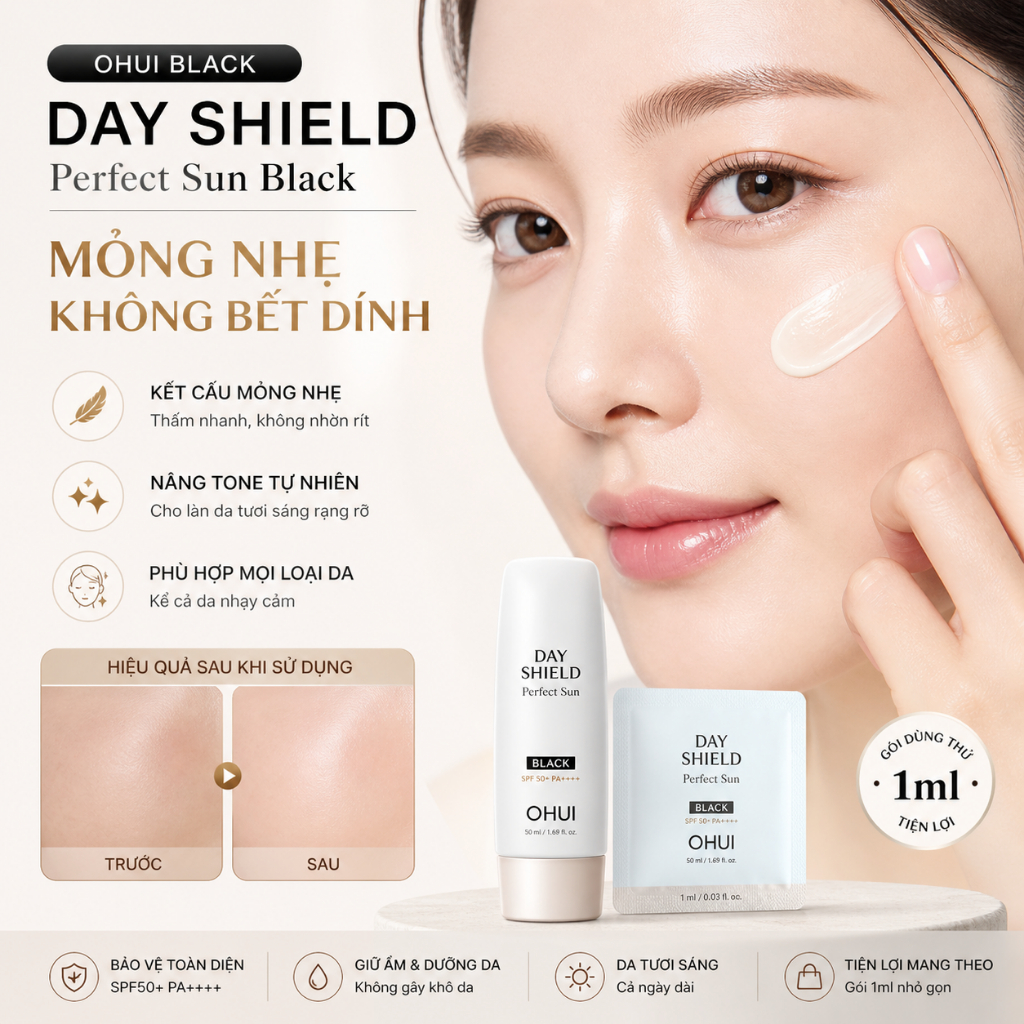 Combo Kem Chống Nắng Ohui Black Day Shield Perfect Sun Black 1ml - Combo 20Gói, 30Gói