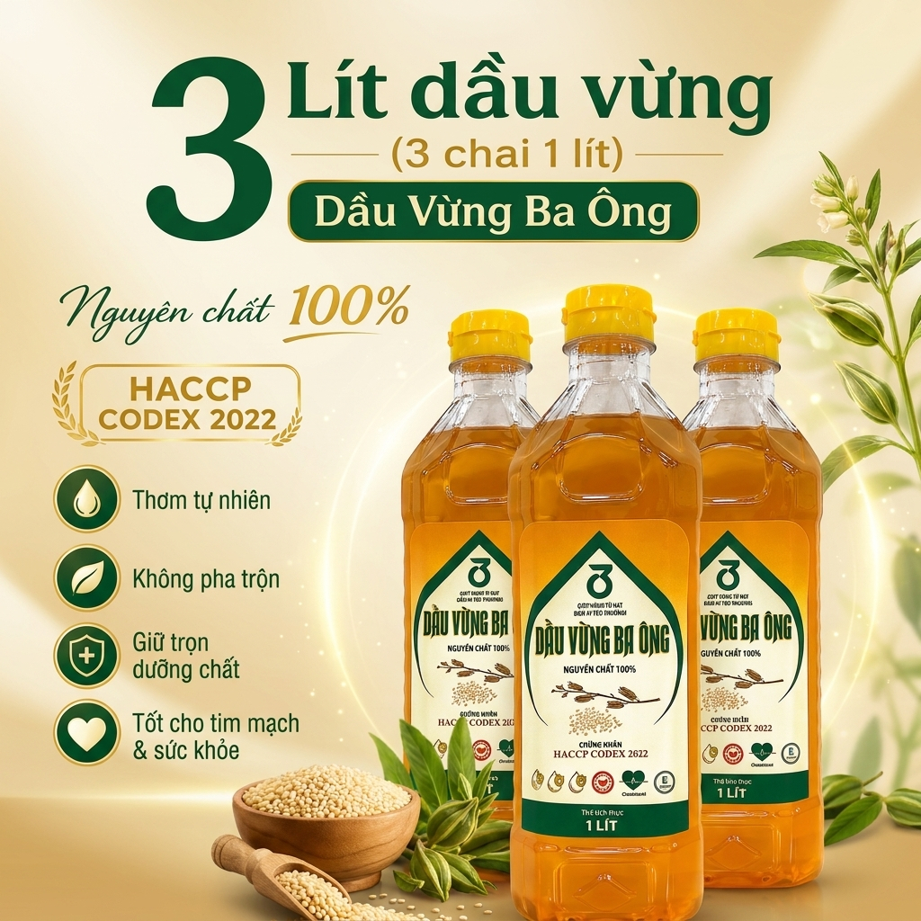 3L Dầu Vừng/Mè Ba Ông, Nguyên Chất 100%, Đạt Chứng Nhận HCCP Codex 2022, Không Chất Bảo Quản