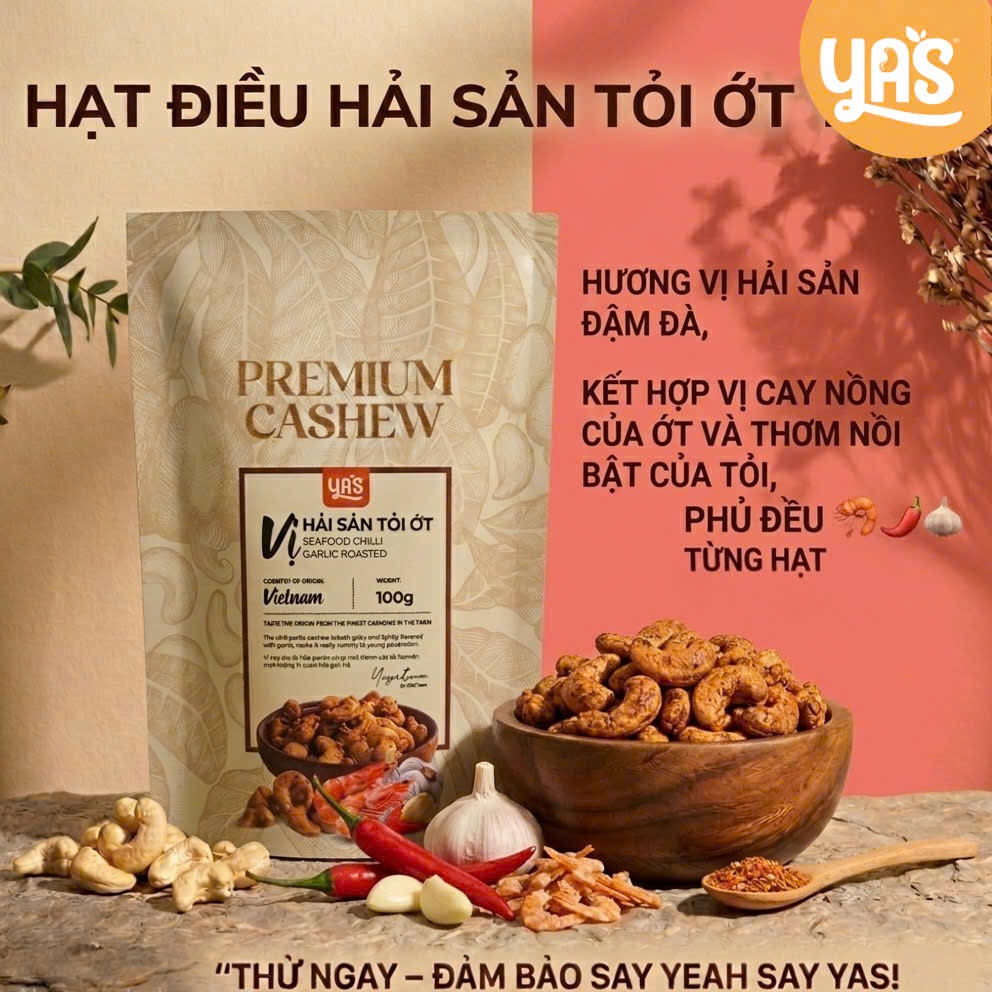 Hạt Điều Hải Sản Tỏi Ớt YAS Túi 100g – Hạt Điều Rang Giòn Tẩm Vị Cay Mặn Đậm Đà | Snack Hạt Điều