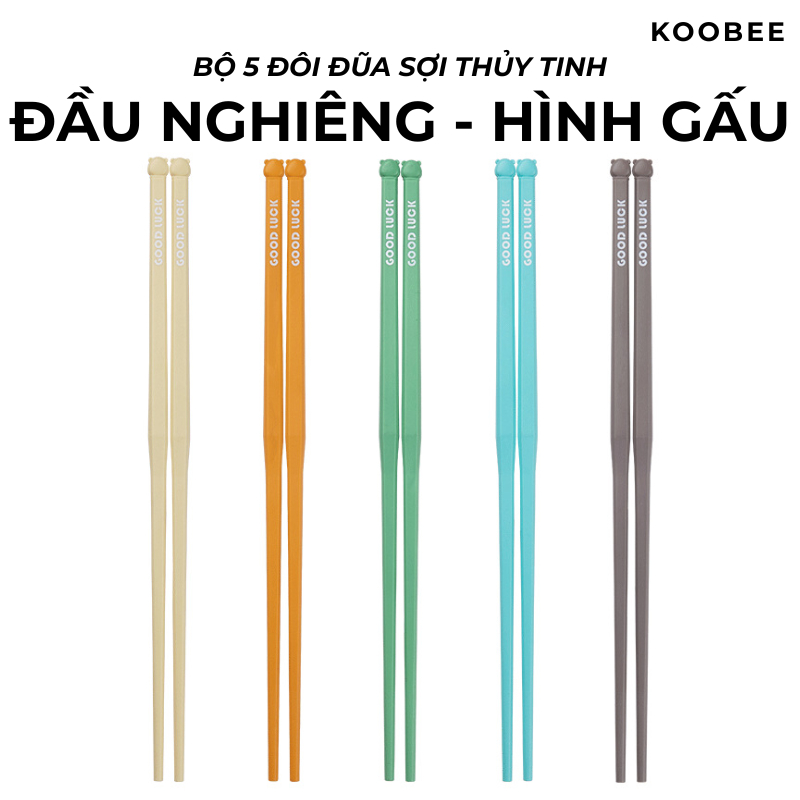Bộ Đũa Sợi Thuỷ Tinh Đầu Nghiêng Hình Gấu 5 Màu Kháng Khuẩn Không Mốc Chống Trơn Chịu Nhiệt Cao Cấp | 142