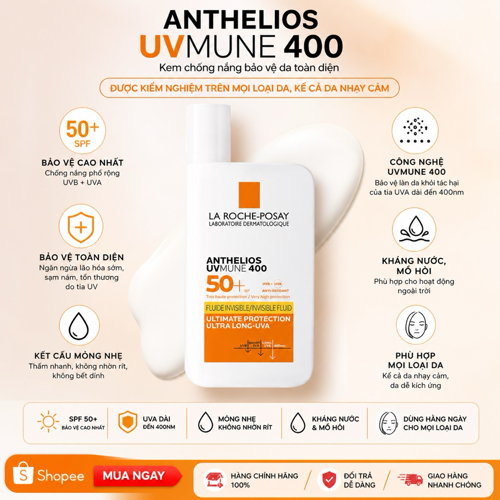 Kem Chống Nắng La Roche-Posay Anthelios UVMune 400 SPF50+ Invisible Fluid 50ml Chính Hãng