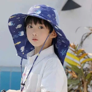 Mũ chống nắng trẻ em vành rộng hình cá, che cổ, chống tia UV cho bé