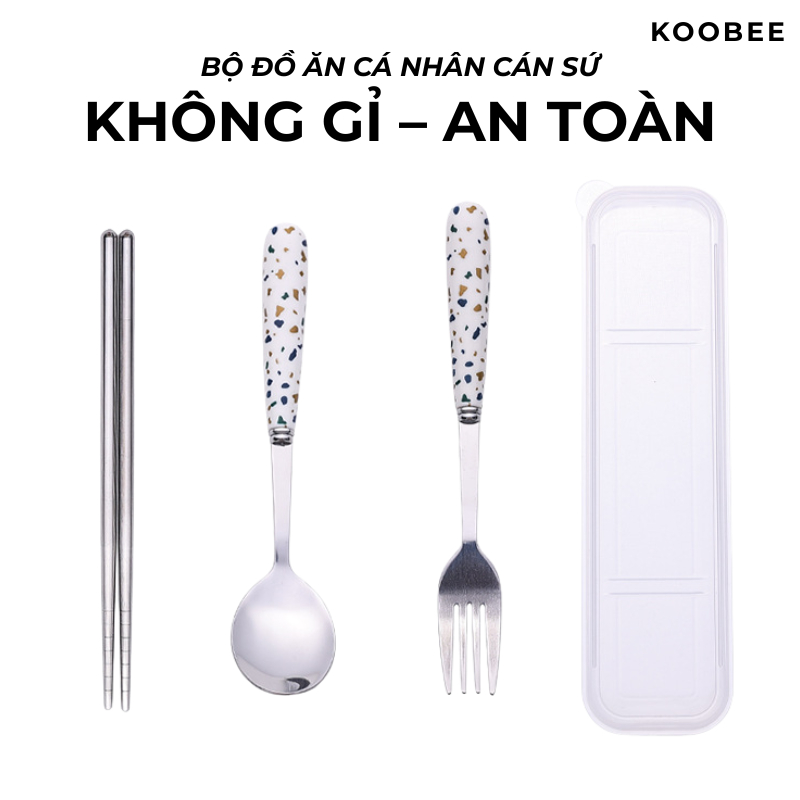 Bộ Đồ Ăn Cá Nhân Cán Sứ Màu Trắng Vân Sỏi Phong Cách Hiện Đại - Bộ Muỗng Đũa Nĩa Thép Không Gỉ Mang Đi Tiện Lợi |111