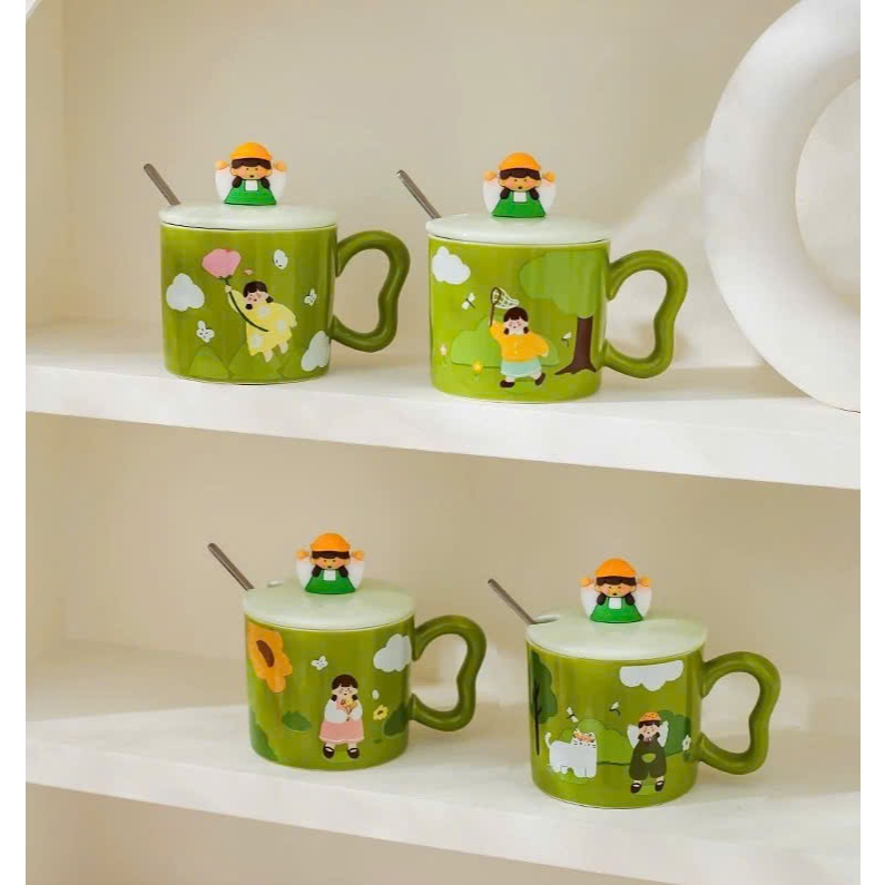 [Mới/Sẵn] Set Quà Cốc Sứ Cô Gái Mộng Mơ Xanh Lá Kèm Phụ Kiện Xinh, Đầy Đủ Làm Quà Tặng