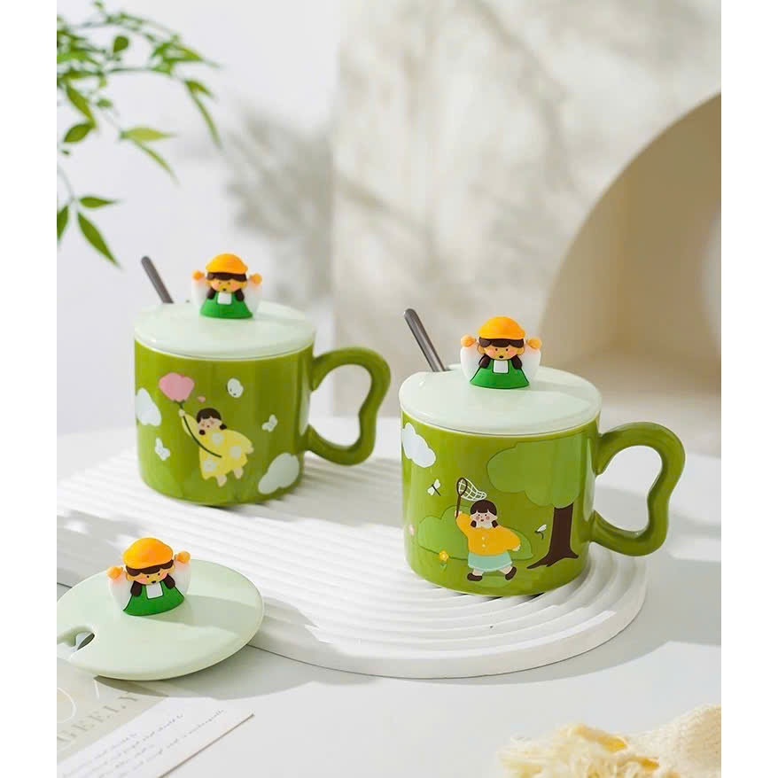 [Mới/Sẵn] Set Quà Cốc Sứ Cô Gái Mộng Mơ Xanh Lá Kèm Phụ Kiện Xinh, Đầy Đủ Làm Quà Tặng