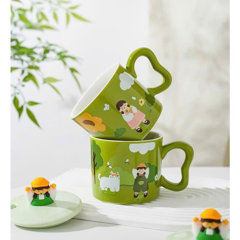 [Mới/Sẵn] Set Quà Cốc Sứ Cô Gái Mộng Mơ Xanh Lá Kèm Phụ Kiện Xinh, Đầy Đủ Làm Quà Tặng