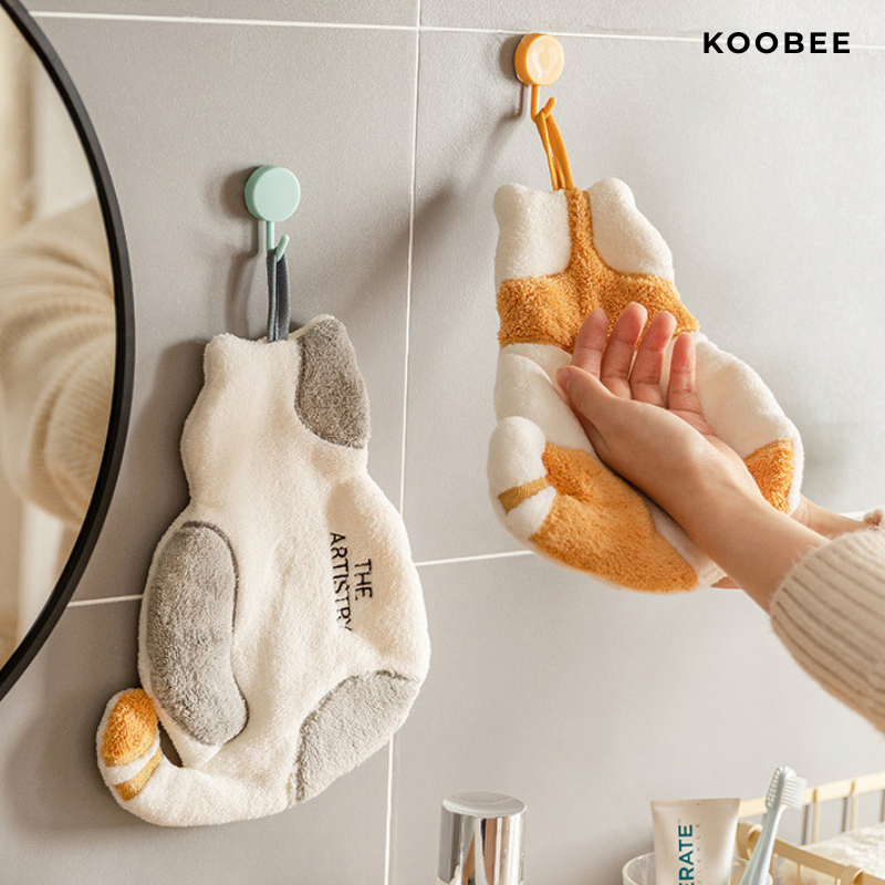 Khăn Lau Tay Có Móc Treo Hình Mèo Vải Nhung San Hô KOOBEE Size Lớn Siêu Thấm Hút Nhanh Khô Cho Nhà Bếp, Nhà Tắm | 096