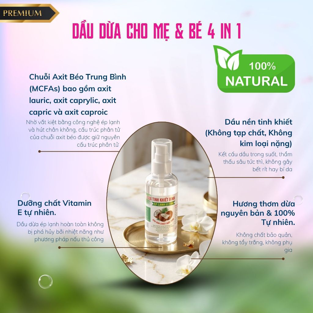 Dầu Dừa Organic Ép Lạnh Tinh Khiết – Dưỡng Da Mềm Mịn Cho Mẹ Sau Sinh & Bé Yêu | 100% Nguyên Chất, Không Phụ Gia