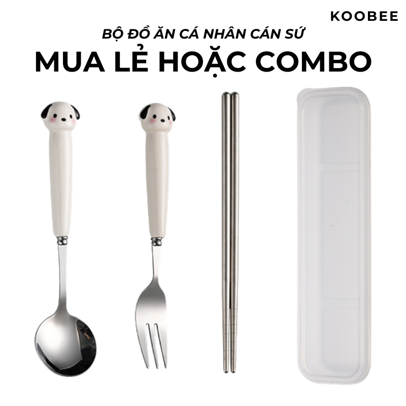 Bộ Thìa Nĩa Inox Cán Sứ Cún Con Dễ Thương Dùng Cho Cá Nhân, Trẻ Em- Bộ Đồ Ăn Văn Phòng, Sinh Viên Làm Quà Tặng Decor|080