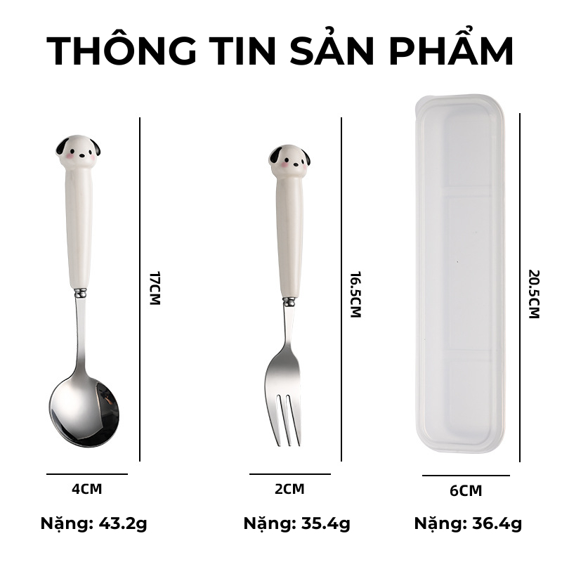 Bộ Thìa Nĩa Inox Cán Sứ Cún Con Dễ Thương Dùng Cho Cá Nhân, Trẻ Em- Bộ Đồ Ăn Văn Phòng, Sinh Viên Làm Quà Tặng Decor|080