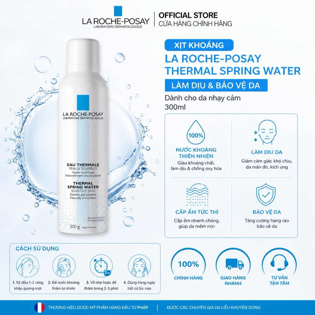 Xịt Khoáng La Roche-Posay Thermal Spring Water 300ml Cấp Ẩm Làm Dịu Da Cho Da Nhạy Cảm Chính Hãng