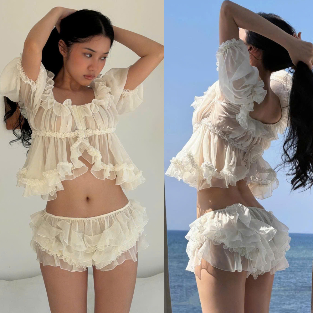 Sét Áo Tơ Bèo Tay Lửng Dáng Ngắn + Quần KANGSOOSTORE, Sét Đi Biển Cho Nàng Cá Tính Năng Động DHI754