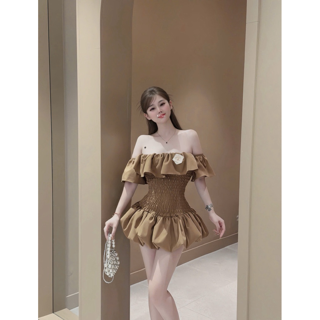Váy trễ vai bèo chun eo mặc lên xinh quá S27