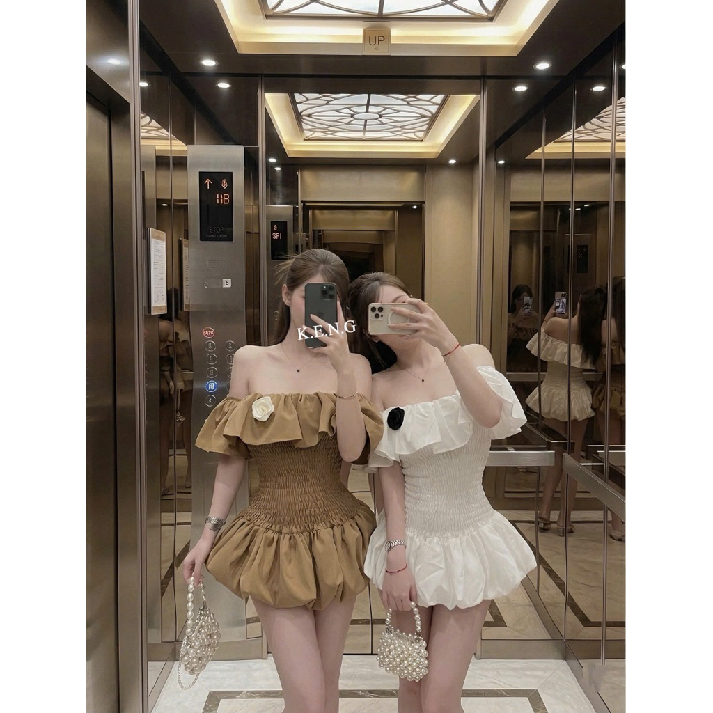 Váy trễ vai bèo chun eo mặc lên xinh quá S27