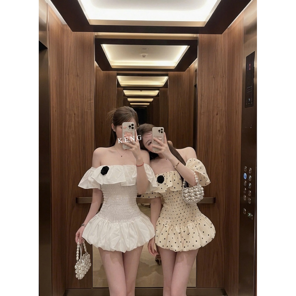 Váy trễ vai bèo chun eo mặc lên xinh quá S27