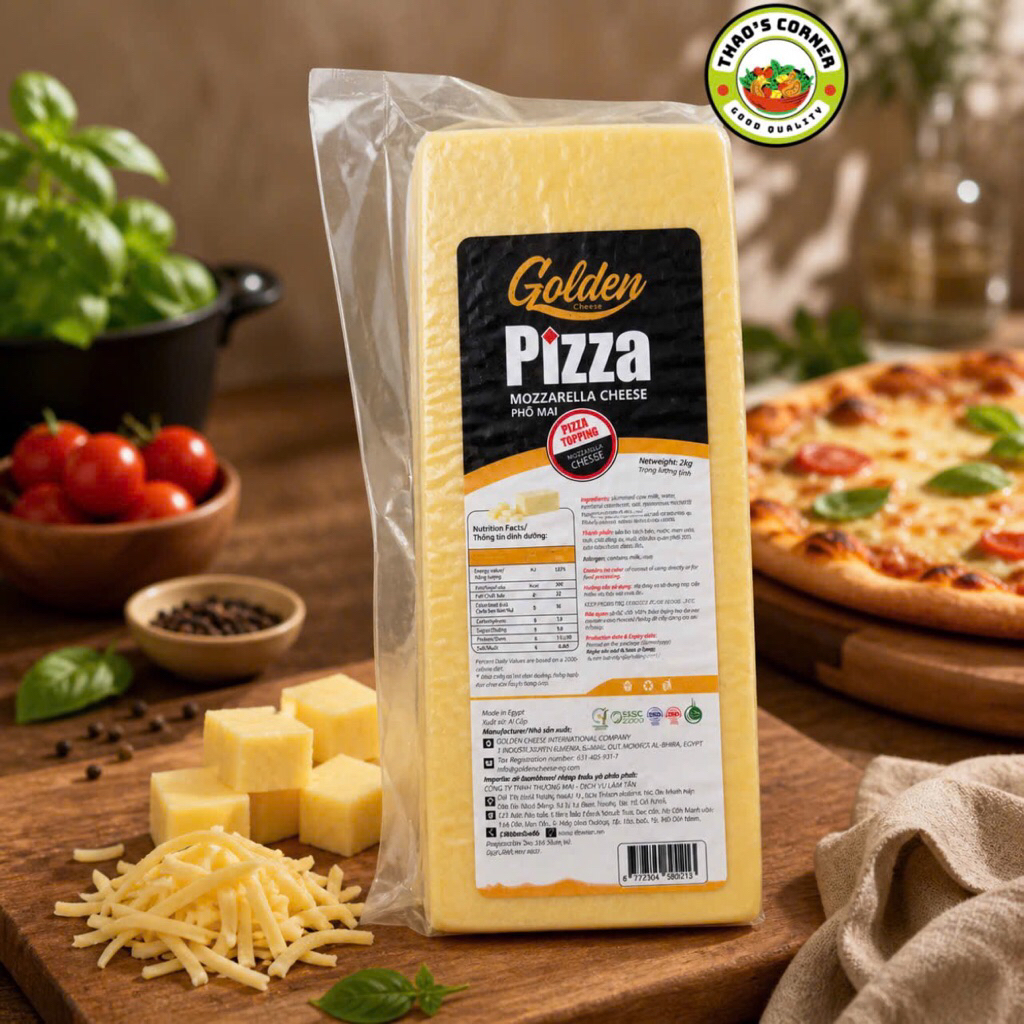 Phô Mai Mozzarella Golden Pizza 2KG – Kéo Sợi Dài, Béo Mịn, Chuẩn Làm Pizza, Bánh, Mì Ý
