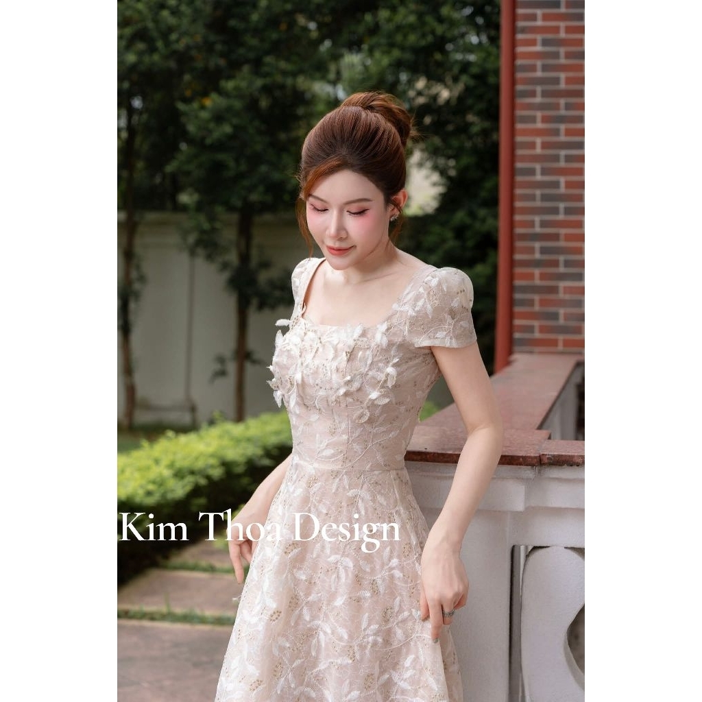 Váy Tiệc Ren Lá 3D Xoè Cổ Vuông Tiểu Thư Sang Chảnh Thiết Kế Cao Cấp Kèm Video Ảnh Thật Feedback Khách - Kim Thoa Design
