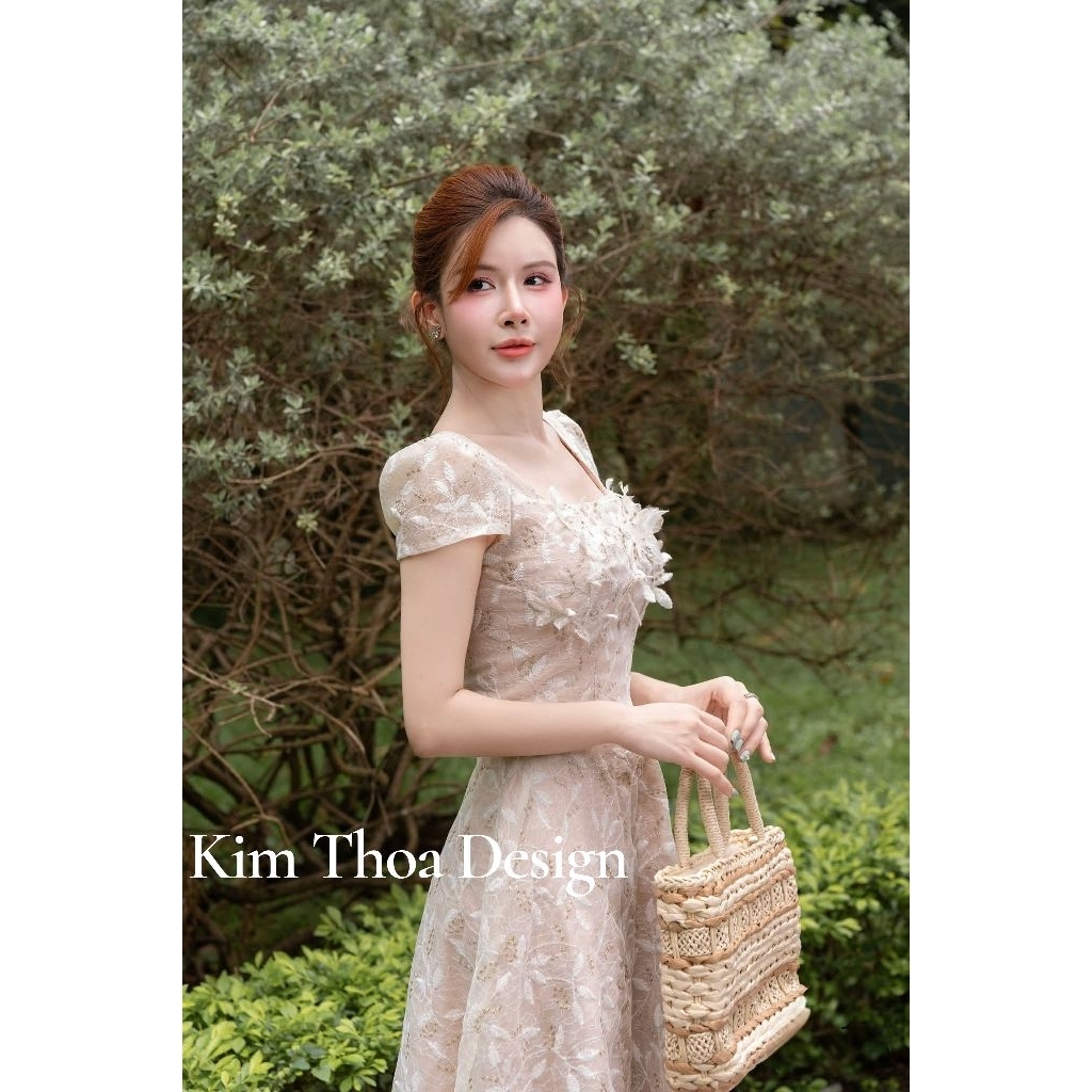 Váy Tiệc Ren Lá 3D Xoè Cổ Vuông Tiểu Thư Sang Chảnh Thiết Kế Cao Cấp Kèm Video Ảnh Thật Feedback Khách - Kim Thoa Design