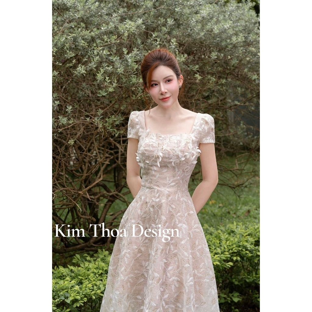 Váy Tiệc Ren Lá 3D Xoè Cổ Vuông Tiểu Thư Sang Chảnh Thiết Kế Cao Cấp Kèm Video Ảnh Thật Feedback Khách - Kim Thoa Design