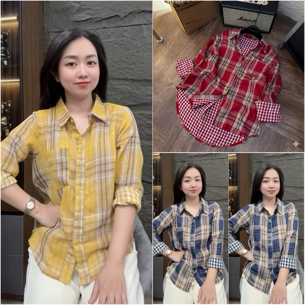 HT22. Áo sơ kẻ túi tay dài, chất thô kẻ mềm mát đủ size 40-70kg . Áo sơ mi kẻ nữ, chất thô mềm mặc má