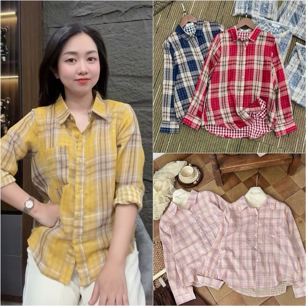HT22. Áo sơ kẻ túi tay dài, chất thô kẻ mềm mát đủ size 40-70kg . Áo sơ mi kẻ nữ, chất thô mềm mặc má