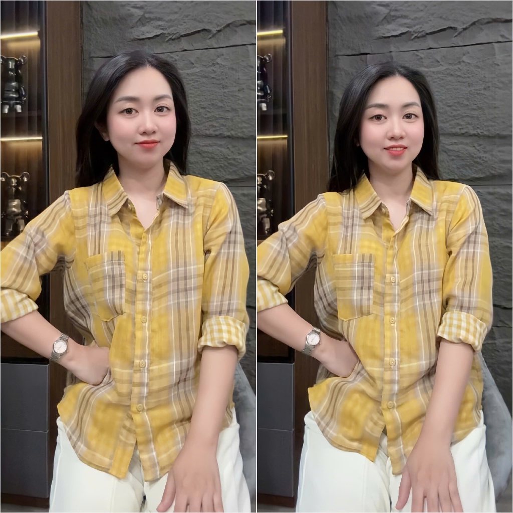 HT22. Áo sơ kẻ túi tay dài, chất thô kẻ mềm mát đủ size 40-70kg . Áo sơ mi kẻ nữ, chất thô mềm mặc má