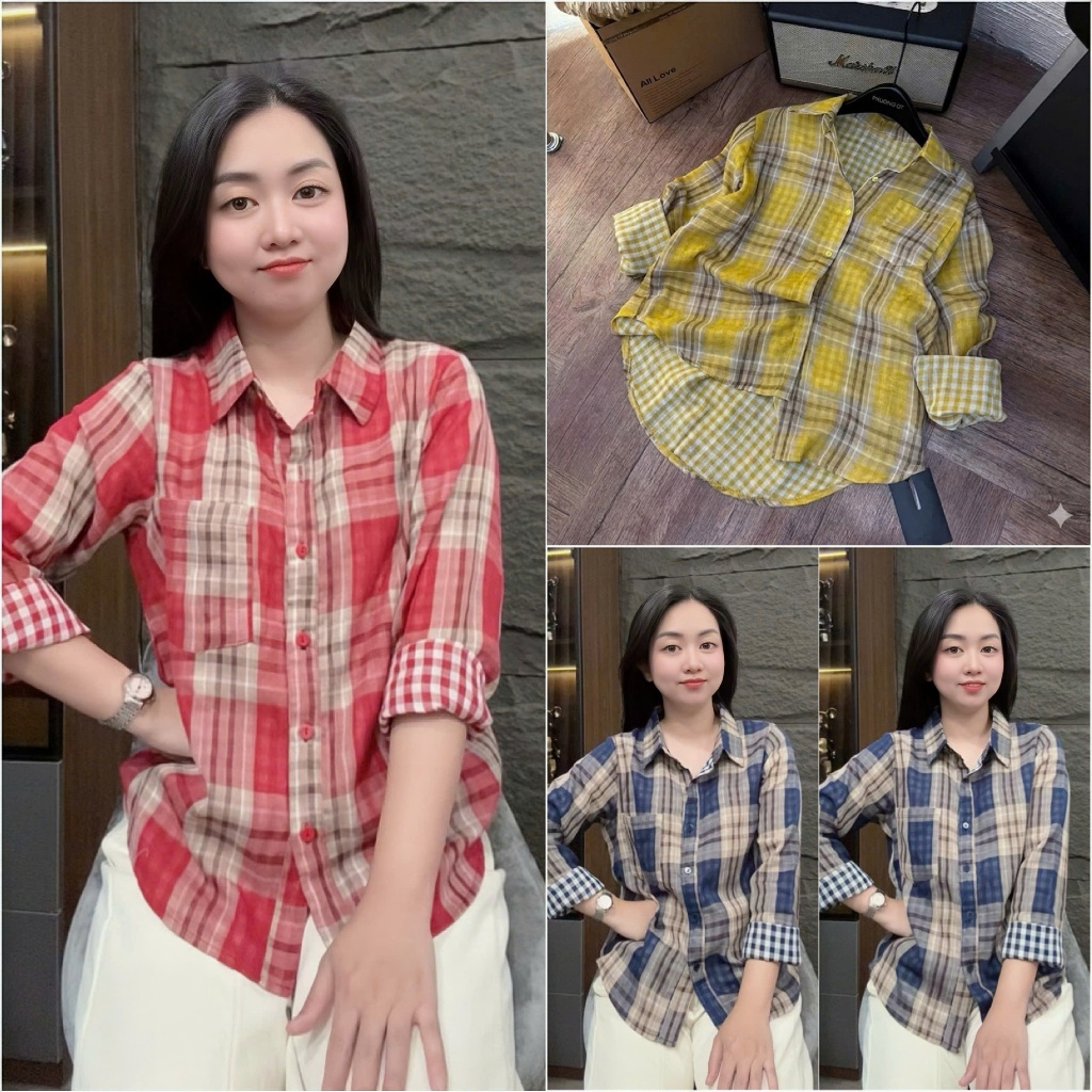 HT22. Áo sơ kẻ túi tay dài, chất thô kẻ mềm mát đủ size 40-70kg . Áo sơ mi kẻ nữ, chất thô mềm mặc má
