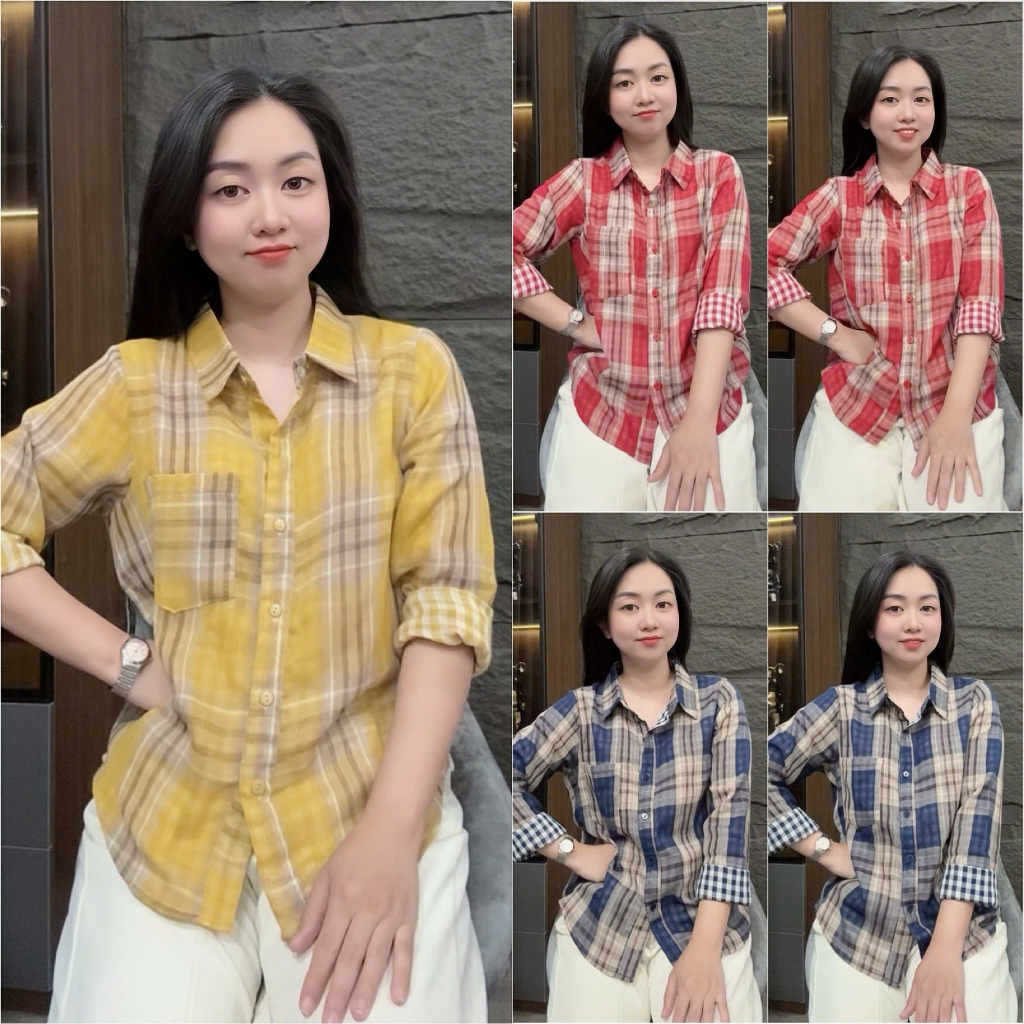 HT22. Áo sơ kẻ túi tay dài, chất thô kẻ mềm mát đủ size 40-70kg . Áo sơ mi kẻ nữ, chất thô mềm mặc má