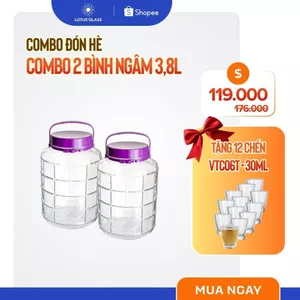Combo 2 Bình Ngâm Thủy Tinh LOTUS GLASS VTC098 Quai Tím + Tặng 12 Chén VTC06T/30ml - VTC198/20ml