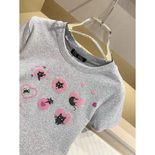 Áo phông cotton cổ tròn cộc tay viền chỉ hồng hình mèo form babytee #21053