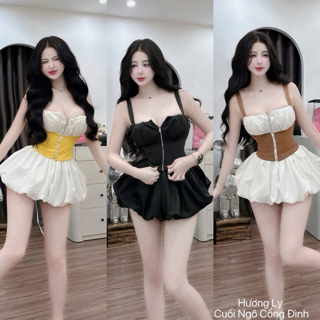 Váy 2 dây phối màu ôm eo xoè bồng