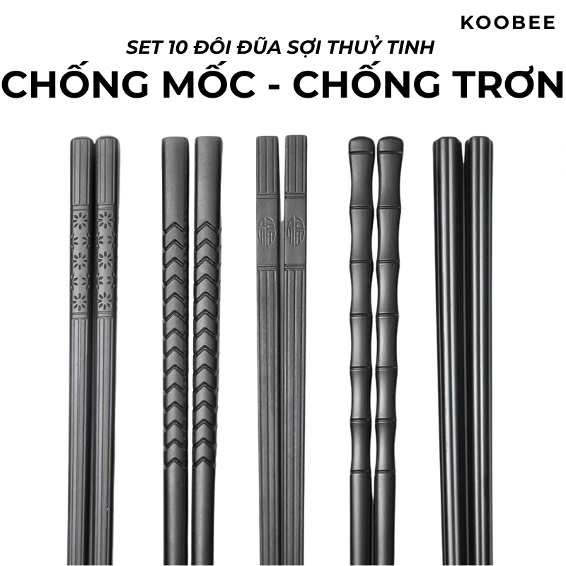 Bộ 10 Đôi Đũa Ăn Sợi Thủy Tinh Cao Cấp KOOBEE Không Mốc Kháng Khuẩn Chịu Nhiệt Màu Đen Nhật Bản Tối Giản | 273