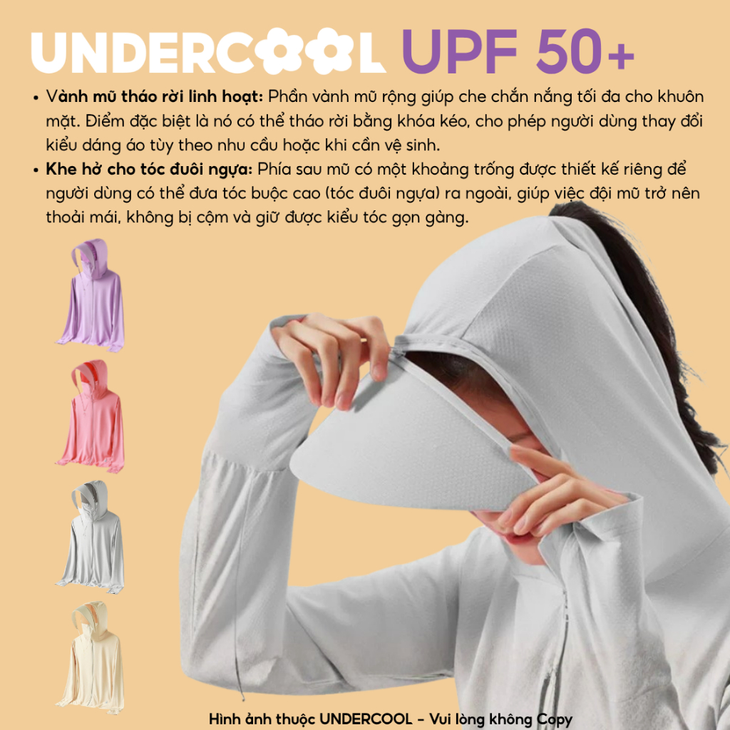 Áo Chống Nắng Dáng Xuông UNDERCOOL Chống Tia UV >99% Vải Thông Hơi Chống Tia UV UPF 50+ Mũ Rộng Tháo Rời Tiện Lợi ACN13