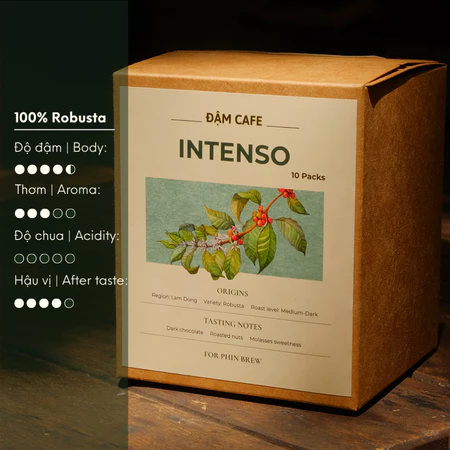 Cà Phê Pha Phin ĐẬM CAFE, Hộp 10 Gói, nguyên chất Cafe Robusta Lâm Đồng Rang Mộc, đắng nhiều, vị chocolate – INTENSO