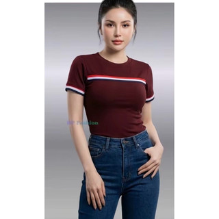 Áo thun nữ body tay ngắn viền màu. Vải cotton co giảnn