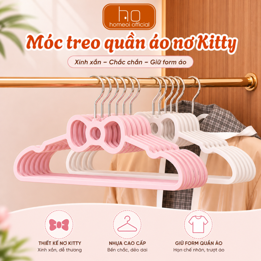 Combo Móc Treo Quần Áo Hình Nơ Kitty, Có Rãnh Chống Trượt, Mắc Váy 2 Dây Chất Nhựa PP Dẻo Dai