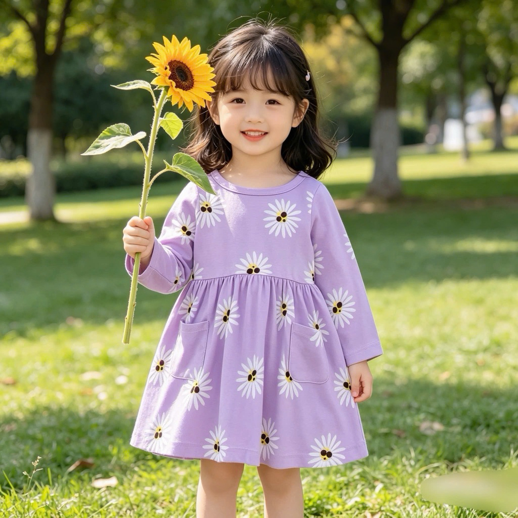 Váy bé gái dài tay cotton mỏng màu tím C5535 size 2–7Y (10–23kg), váy trẻ em nhẹ mát, dễ thương, mặc đi học đi chơi
