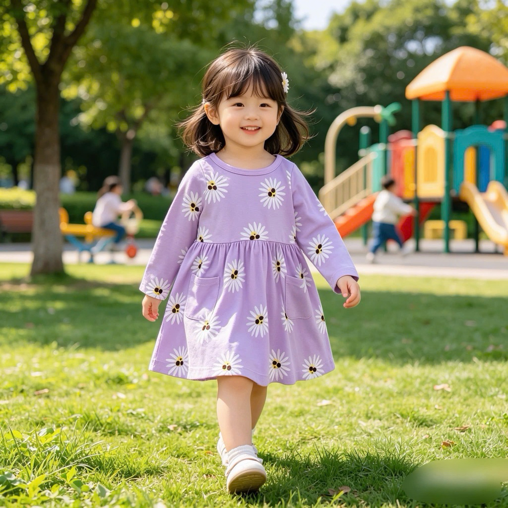 Váy bé gái dài tay cotton mỏng màu tím C5535 size 2–7Y (10–23kg), váy trẻ em nhẹ mát, dễ thương, mặc đi học đi chơi