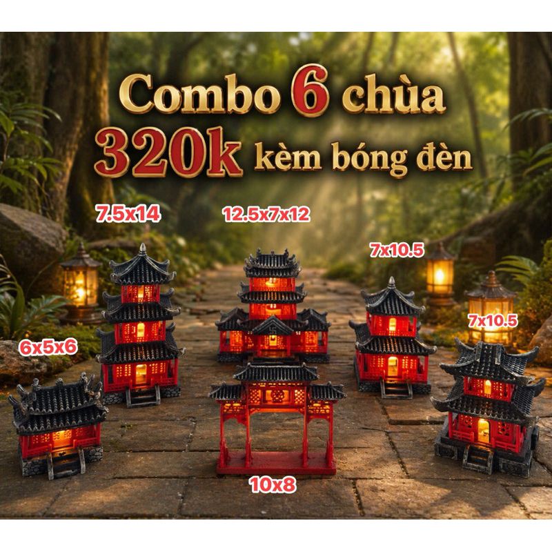 Combo 6 Chùa Mini Kèm Bóng Đèn decor tiểu cảnh,layout bể cá