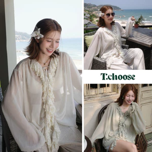 Áo sơ mi lụa cổ ren bèo dáng rộng 5390 TCHOOSE