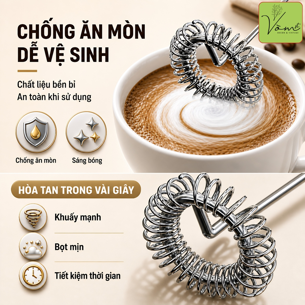 (CAO CẤP) Máy Đánh Bọt Sữa Cà Phê Mini Cầm Tay Vòm Decor Kèm Giá Đỡ, Đánh Trứng Dùng Pin, Inox 304 ABS – Mã M