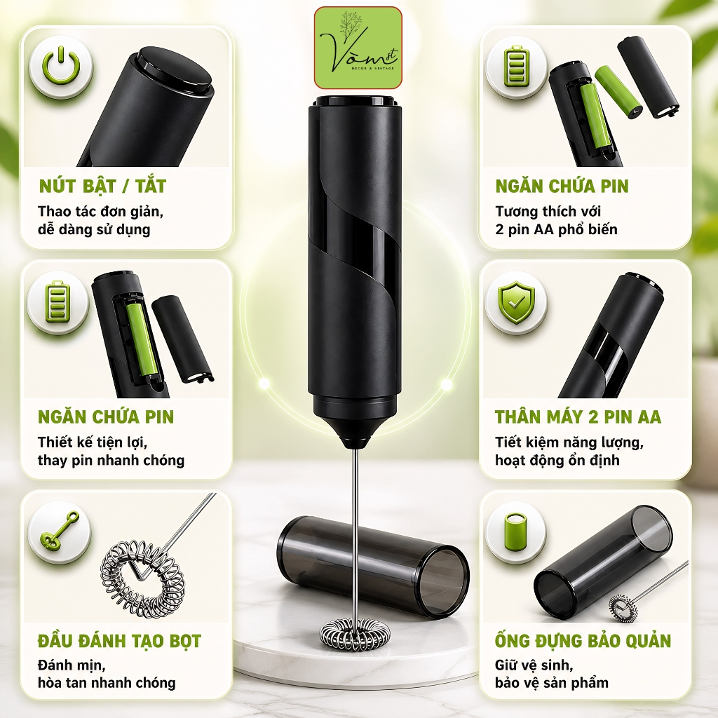 (CAO CẤP) Máy Đánh Bọt Sữa Cà Phê Mini Cầm Tay Vòm Decor Kèm Giá Đỡ, Đánh Trứng Dùng Pin, Inox 304 ABS – Mã M