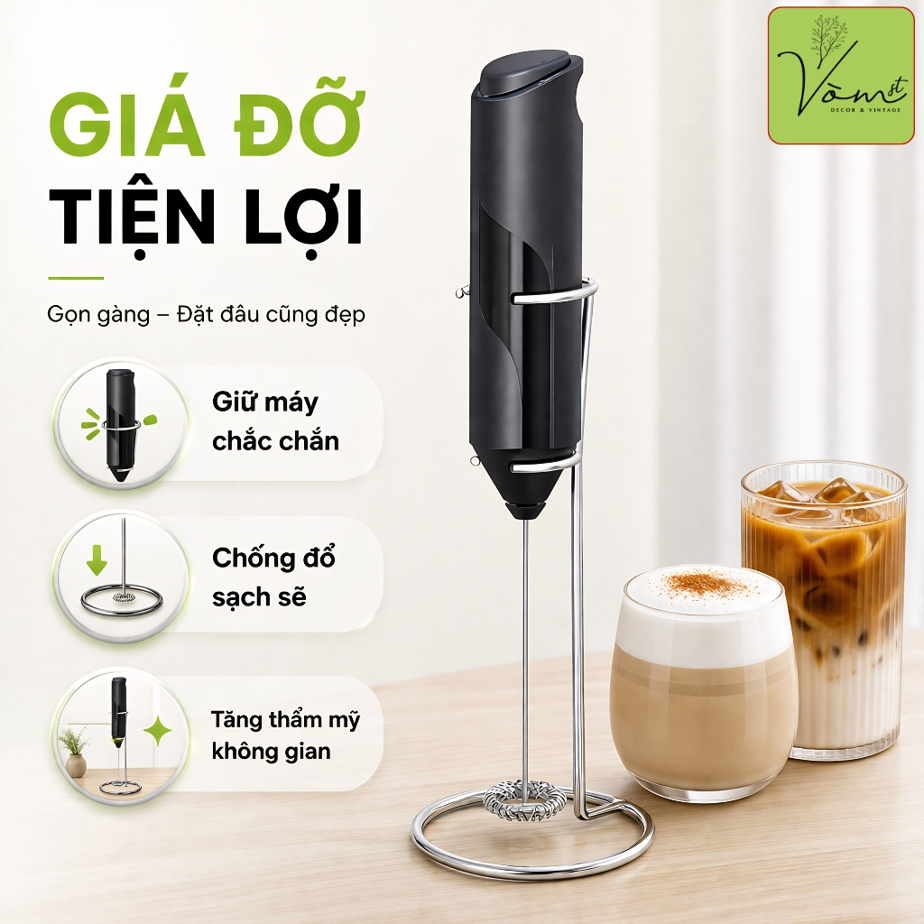 (CAO CẤP) Máy Đánh Bọt Sữa Cà Phê Mini Cầm Tay Vòm Decor Kèm Giá Đỡ, Đánh Trứng Dùng Pin, Inox 304 ABS – Mã M