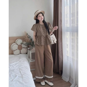 Set đồ nữ vintage chấm bi – áo babydoll + quần ống rộng viền ren siêu xinh