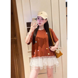 •𝙆𝙞𝙣𝙜𝙨𝙝𝙤𝙥𝙗𝙚𝙖𝙪𝙩𝙮•Áo Phông Cam Hoa Nổi Phối Ren QC