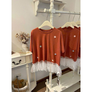 •𝙆𝙞𝙣𝙜𝙨𝙝𝙤𝙥𝙗𝙚𝙖𝙪𝙩𝙮•Áo Phông Cam Hoa Nổi Phối Ren QC