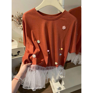 •𝙆𝙞𝙣𝙜𝙨𝙝𝙤𝙥𝙗𝙚𝙖𝙪𝙩𝙮•Áo Phông Cam Hoa Nổi Phối Ren QC