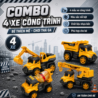Đồ chơi bộ 4 xe đồ chơi công trình xây dựng chạy đà màu vàng cho bé - Kidzone