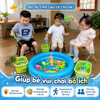 Đồ chơi câu cá cho bé kèm bể phao chơi trong nhà, Bộ câu cá nam châm cho bé, Hồ câu mini kèm bể phao